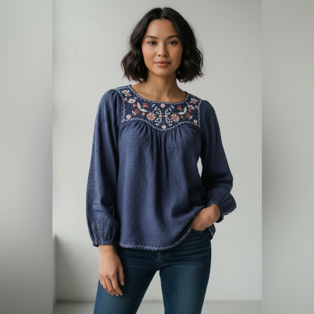 Max Studio Navy Floral Embroidered Swiss Dot Blouse L/XL